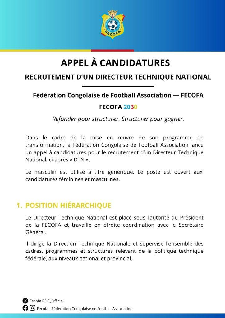 RECRUTEMENT D’UN DIRECTEUR TECHNIQUE NATIONAL