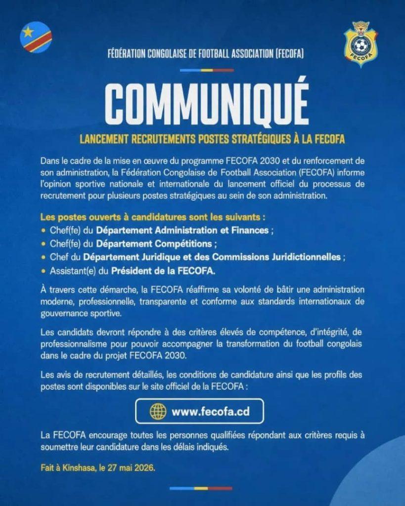 Lancement recrutements postes stratégiques à la FECOFA